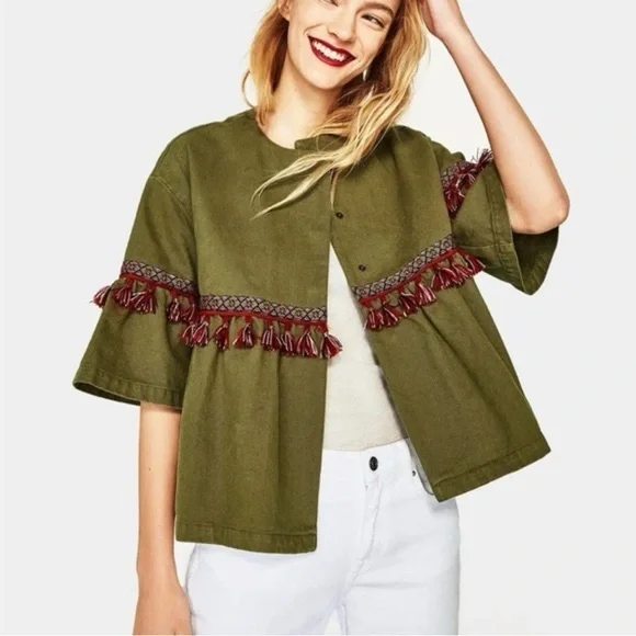 ZARA BASIC DEPT DENIM EUC Z1975 OLIVE GREEN TASSELS JACKET SIZE XS - Picture 1 of 9